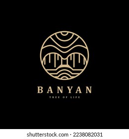 oak banyan tree vintage logo with line art style isolated vector illustration