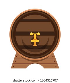 Oak barrel with faucet flat vector illustration. Wooden cask, alcohol drink container front view. Natural wine, beer storage. Traditional brewery, winemaking, winery accessory. Pub, vineyard symbol