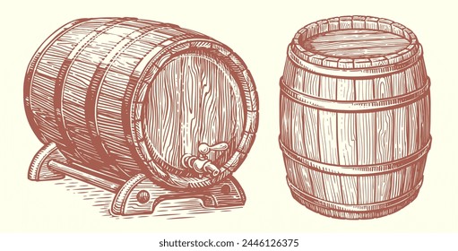 Oak barrel, hand drawn vector illustration. Wooden cask, keg sketch drawing