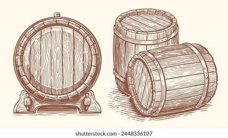 Barril de roble, Ilustración vectorial dibujada a mano. Dibujo de boceto de barril de madera