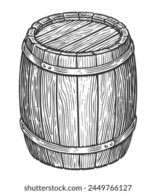 Oak barrel. Hand drawn wooden cask sketch engraving style vector illustration