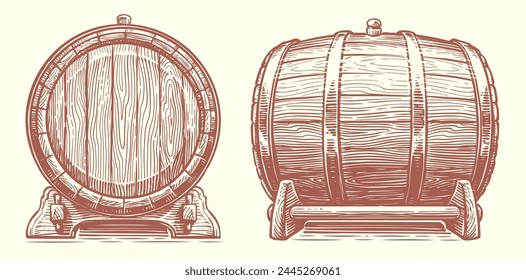 Oak barrel. Wooden cask, keg. Hand drawn sketch vector illustration