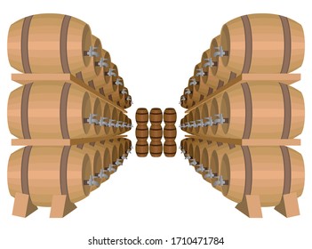 The oak barrels of wine in the cellar are arranged in order. Isolated template for a winery, wine production plant on a white background. Aging and storage. Cartoon vector illustration
