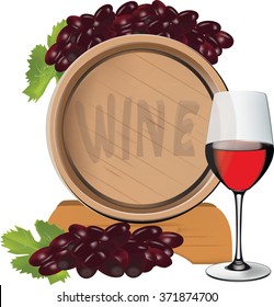 oak barrels for wine with glass and bunch of grapes