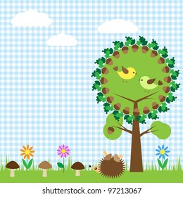 Oak and birds,flower, mushroom and hedgehog
