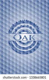 Oak blue emblem with geometric pattern background.