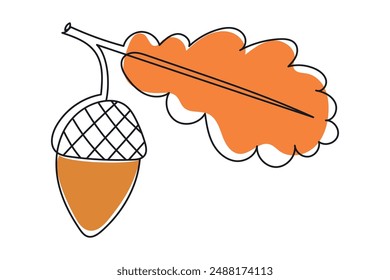 Oak branch with acorn drawn in one line. Acorn on a branch with a leaf. Vector illustration of acorn in continuous line, minimalistic icon, eps 10 Continuous line drawing autumn leaves