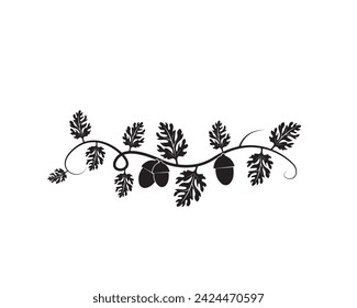 Oak branch with acorns illustration isolated on white background, vector. Oak branch with acorns silhouette. Black and white minimalist art design. 