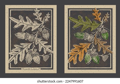 Oak branch with acorns and leaves in scratch linocut style. Lino print wall art, hand drawn vector illustration.