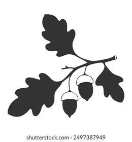 Oak branch with leaves and acorns silhouette drawing.