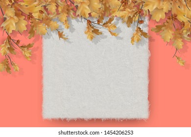 Oak branch with leaves blank sheet of watercolor texture paper. Vector autumn illustration