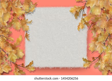 Oak branch with leaves blank sheet of watercolor texture paper. Vector autumn illustration