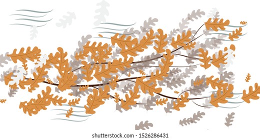 Oak branch with leaves and flying in the wind. Happy thanksgiving
