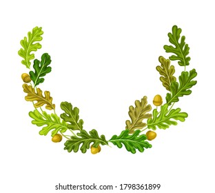 Oak Branches with Green Leaves and Acorns Arranged in Semi Circle Vector Illustration