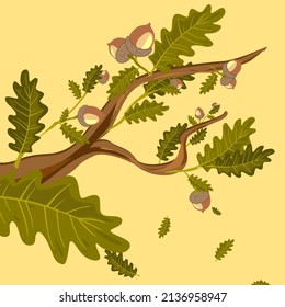 Oak branches with green leaves and acorns clipart set