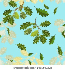 Oak branches with leaf and acorn seamless pattern with light blue sky background for wallpaper