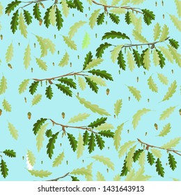 Oak branches with leaf and acorn seamless pattern with light blue sky background