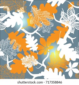 OAK AND CHESTNUT LEAVES WITH BRANCH. GOLDEN AUTUMN SEAMLESS VECTOR PATTERN. TRENDY WALLPAPER TEXTURE