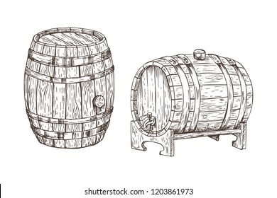 Oak containers for alcohol storage, graphic art isolated on white background vector illustration, wooden casks with metal stripes and round corks