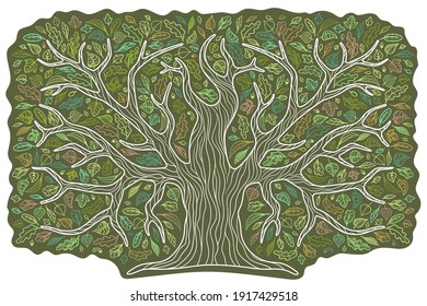 El roble es de estilo decorativo. Hojas coloridas, follaje de árboles diferentes. Un gran árbol familiar. Contacto. Para el diseño de revistas, folletos, libros, etc. Aislados en un fondo blanco.