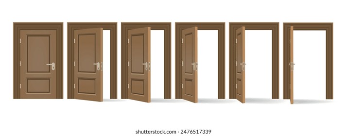 Oak door open and closed. Wooden door with platband set isolated vector illustration