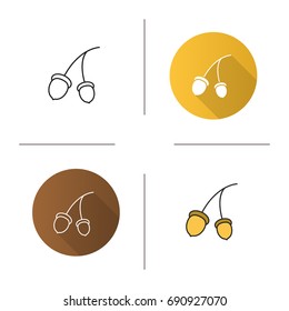 Oak fruit branch icon. Flat design, linear and color styles. Acorns. Isolated vector illustrations