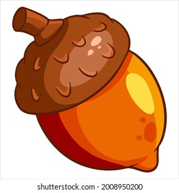 Oak fruit. A bright acorn with a hat and a twig. Cartoon style. Vector illustration for design and decoration.