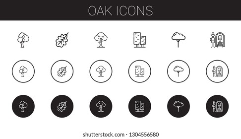 oak icons set. Collection of oak with tree, oak leaf, russian banya. Editable and scalable icons.