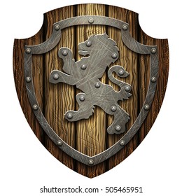 The oak knight's shield with rivets and a metal lion on a blank background
