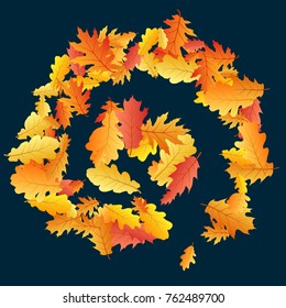 Oak leaf abstract background seasonal vector illustration. Autumn leaves falling graphic design. Fall season specific vector background. Oak tree autumn foliage on dark blue.