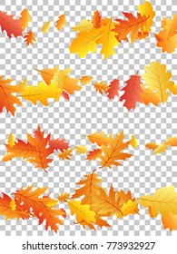 Oak leaf abstract background seasonal vector illustration. Autumn leaves falling graphic design. Fall season specific vector background. Oak tree autumn foliage stripes, lines on transparent.