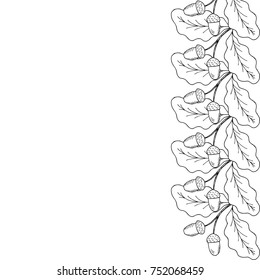 Oak leaf and acorn branch. Autumn frame. Hand drawn ink botanical illustration. Vintage fall seasonal border in sketch style. Template, mock up for label, sign, icon, banner, seasonal decor, sticker