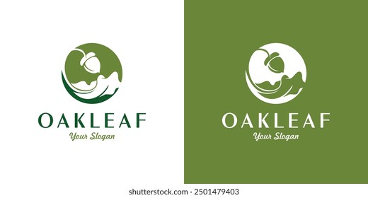 Oak leaf and acorn logo, with simple and clean style, logo design vector illustration.