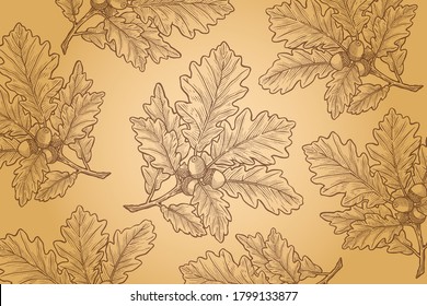 Oak leaf and acorn on a Gold background Vector illustration - Hand drawn