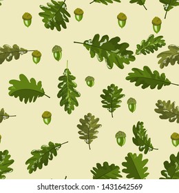 Oak leaf and acorn seamless pattern on soft beige background wallpaper