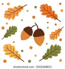 Oak leaf, acorn. Set of colorful hand drawn oak leaves. Colorful vector illustration of foliage.