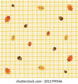 Oak Leaf and Acorn Yellow Gingham Pattern Background Editable Stroke. Vector Illustration Tablecloth, Picnic mat, Fabric pattern, Textile.