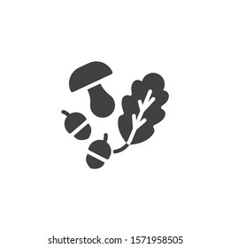 Oak leaf acorns and mushroom vector icon. filled flat sign for mobile concept and web design. Forest harvest glyph icon. Symbol, logo illustration. Vector graphics