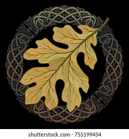 Oak leaf in autumn coloring and Celtic magic ornament, isolated on black, vector illustration