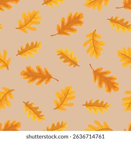 Oak leaf. Autumn, fall seamless pattern. Flat vector clipart, illustration with isolated background.