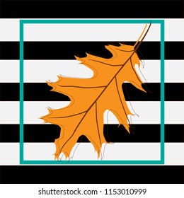 oak leaf with blue frame on black and white stripes