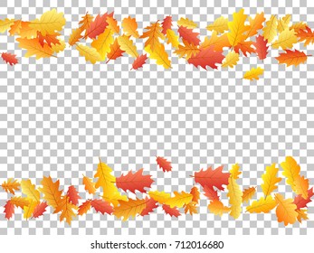 Oak leaf border abstract background seasonal vector illustration. Autumn leaves falling frame graphic design. Fall season specific border vector background. Oak tree autumn foliage on transparent.
