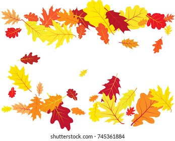 Oak leaf border abstract background seasonal vector illustration. Autumn leaves falling frame graphic design. Fall season specific border vector background. Oak tree autumn foliage on white.