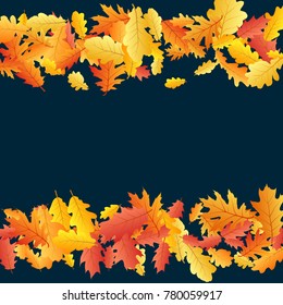 Oak leaf border abstract background seasonal vector illustration. Autumn leaves falling frame graphic design. Fall season specific border vector background. Oak tree autumn foliage on dark blue.