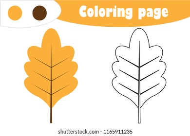 Oak leaf in cartoon style, autumn coloring page, education paper game for the development of children, kids preschool activity, printable worksheet, vector illustration