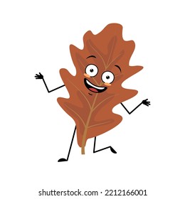 Oak Leaf Character With Crazy Emotions, Smile On Face, Happy Eyes, Arms And Legs. Cheerful Forest Plant In Autumn Brown Colour. Vector Flat Illustration