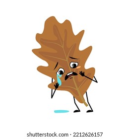 Oak Leaf Character With Crying And Tears Emotion, Sad Face, Depressive Eyes, Arms And Legs. Forest Plant In Autumn Brown Colour. Vector Flat Illustration