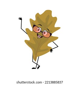 Oak Leaf Character With Glasses And Joyful Emotions, Smile Face, Happy Eyes, Arms And Legs. Cheerful Forest Plant In Autumn Brown Color. Vector Flat Illustration