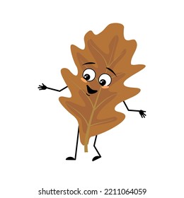 Oak Leaf Character With Joyful Emotions, Smile On Face, Happy Eyes, Arms And Legs. Cheerful Forest Plant In Autumn Brown Colour. Vector Flat Illustration