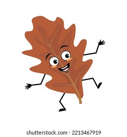 Oak Leaf Character With Joyful Emotions, Smile On Face, Happy Eyes, Arms And Legs. Cheerful Forest Plant In Autumn Brown Colour. Vector Flat Illustration